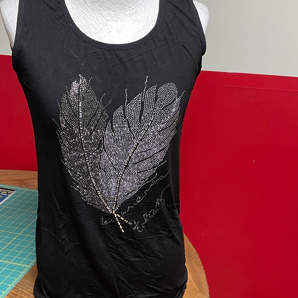 Shiner Black Women's Feather Rhinestone Tank Top